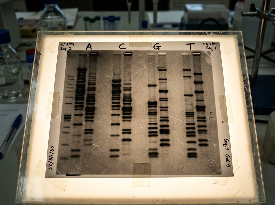 Phim tự chụp phóng xạ giải trình tự DNA theo phương pháp Sanger với 4 giếng A C G T